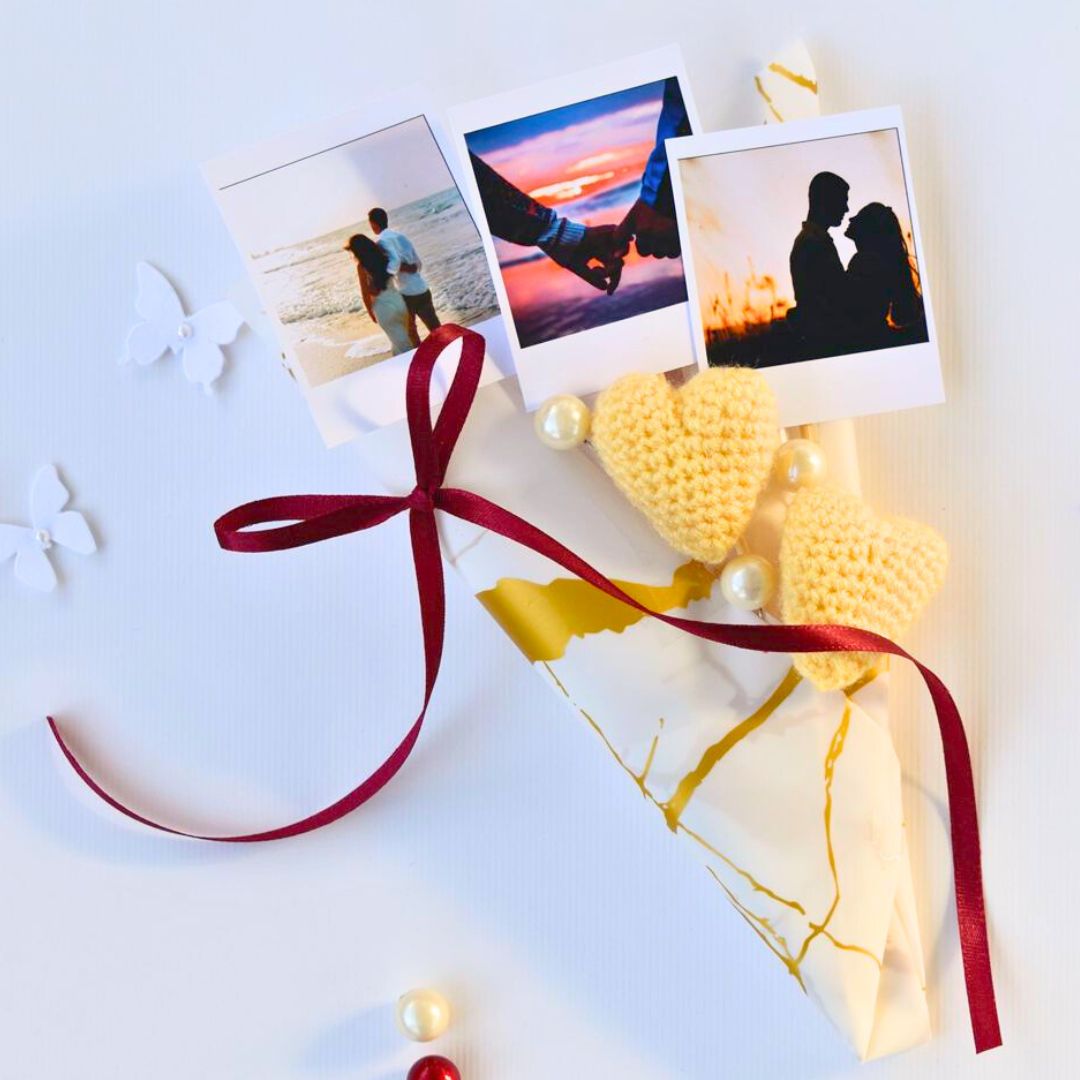 Handcrafted Crochet Hearts and Polaroids Bouquet