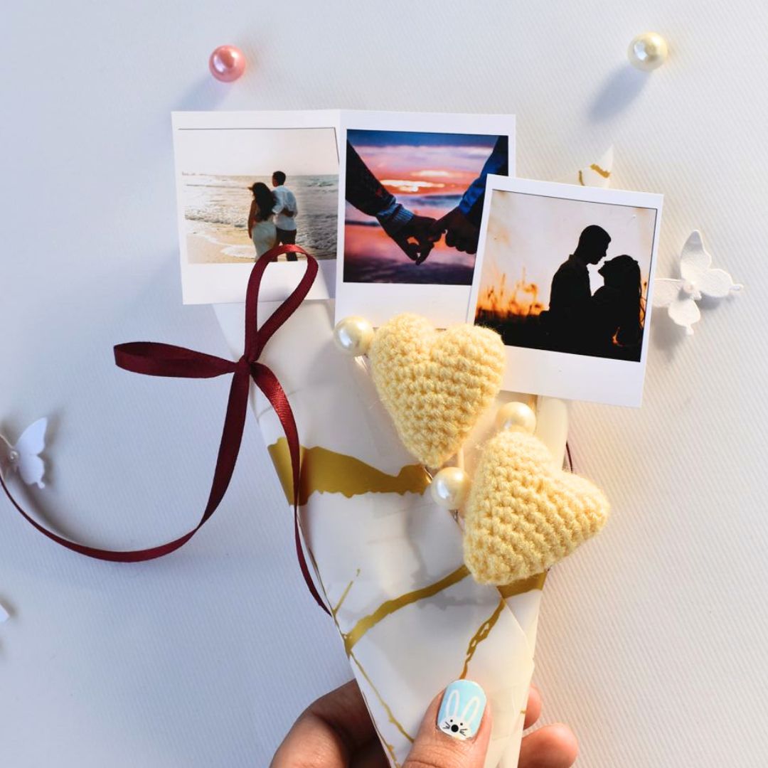 Handcrafted Crochet Hearts and Polaroids Bouquet
