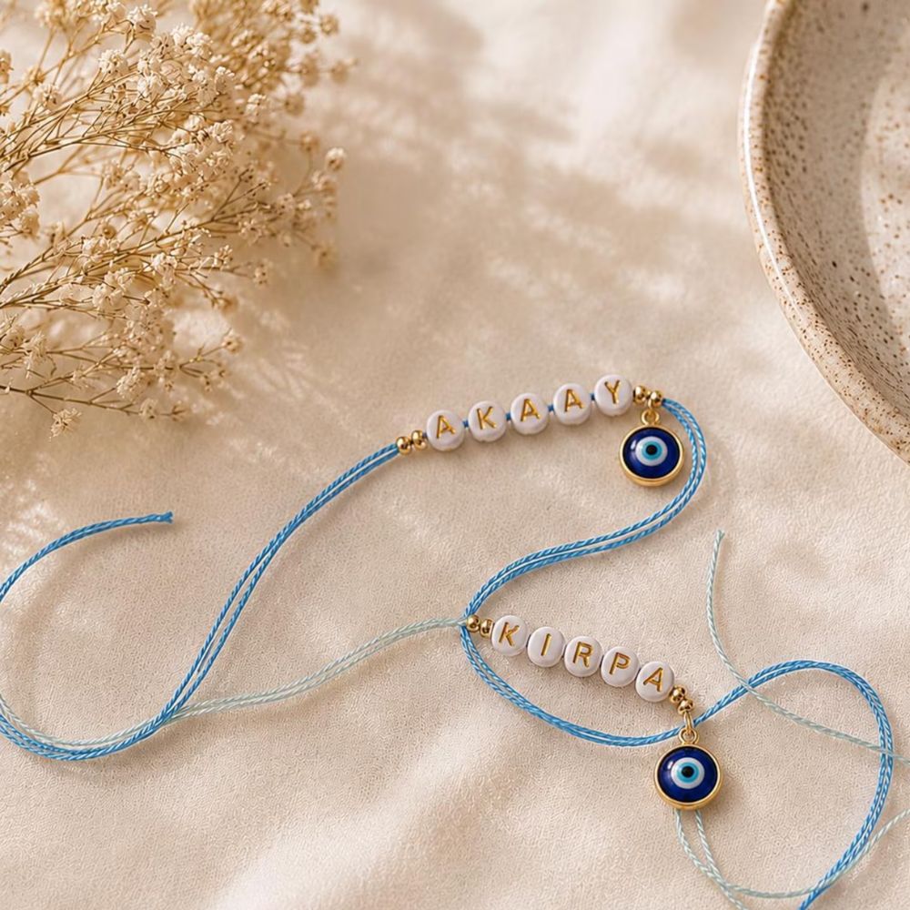 Personalized Name Rakhi With Evil Eye Charm
